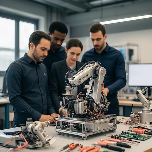 Equipo de ingeniería revisando un prototipo robótico en un taller técnico de Pollensa