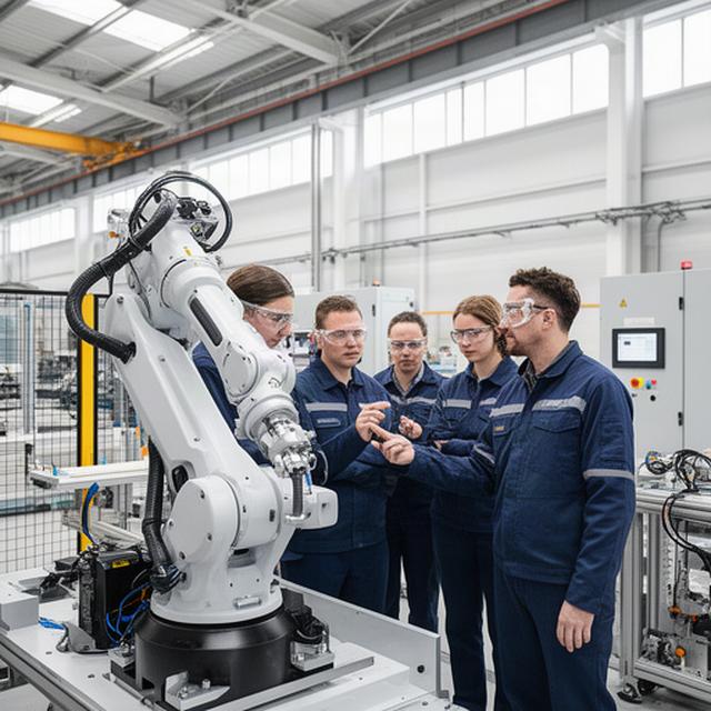 Equipo de ingenieros revisando un brazo robótico en una planta industrial luminosa