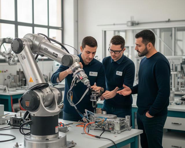 Equipo de ingeniería revisando un brazo robótico en un laboratorio de Pollensa