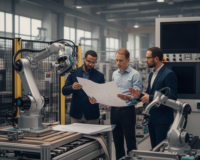 Equipo de consultoría revisando una célula robotizada y planos técnicos en una planta industrial