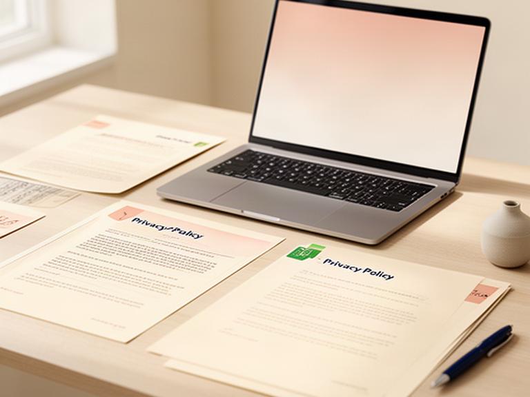 Documentos de privacidad junto a un portátil en una mesa de trabajo luminosa